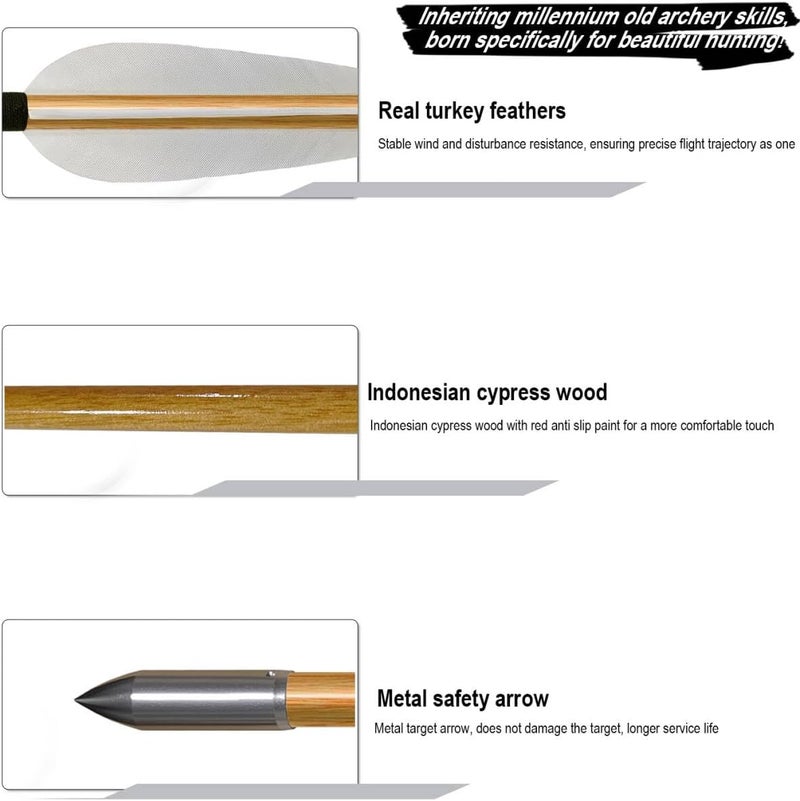 e5e10 33inch Wooden Arrows Handmade Tradition Target Arrows with Turkey Feather Fletching with Field Points for Recurve Bow Longbow Archery Practice 12PACK - Image 3